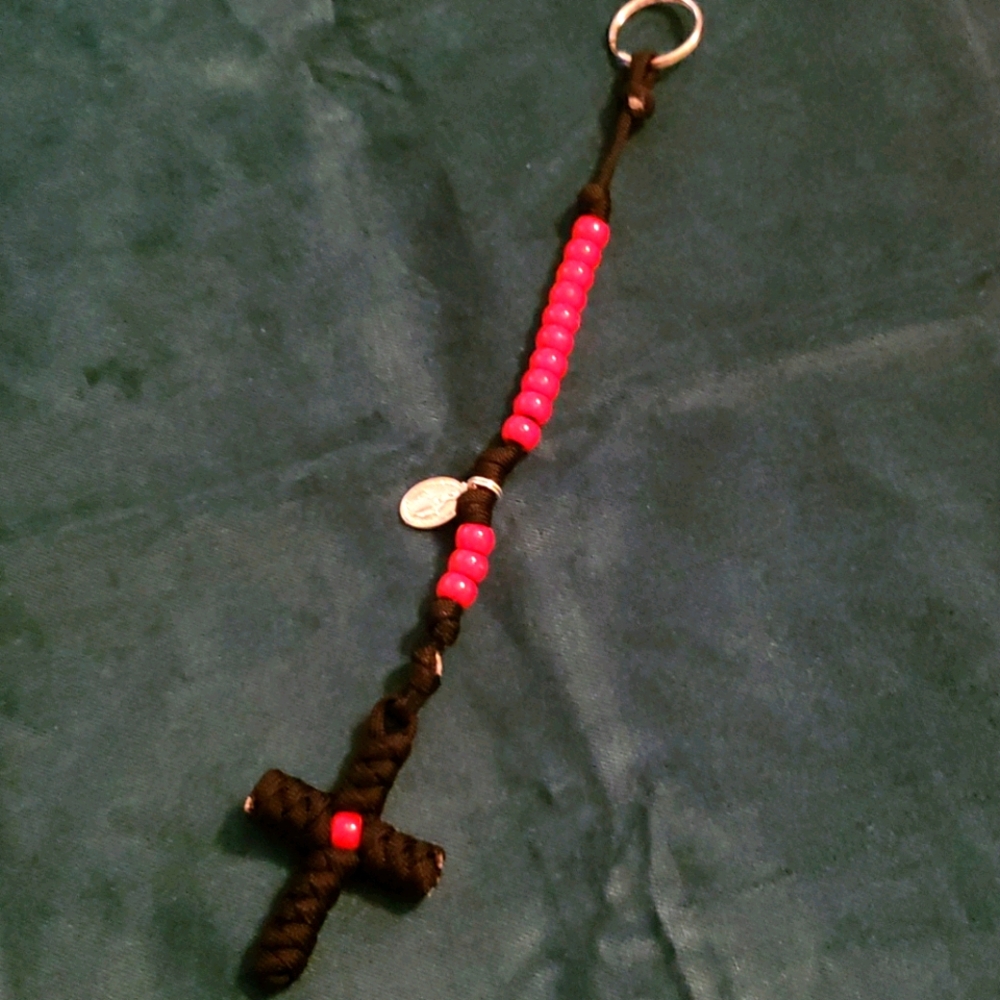 NEW! Rosary Keychain HANDMADE Red on Black NWOT